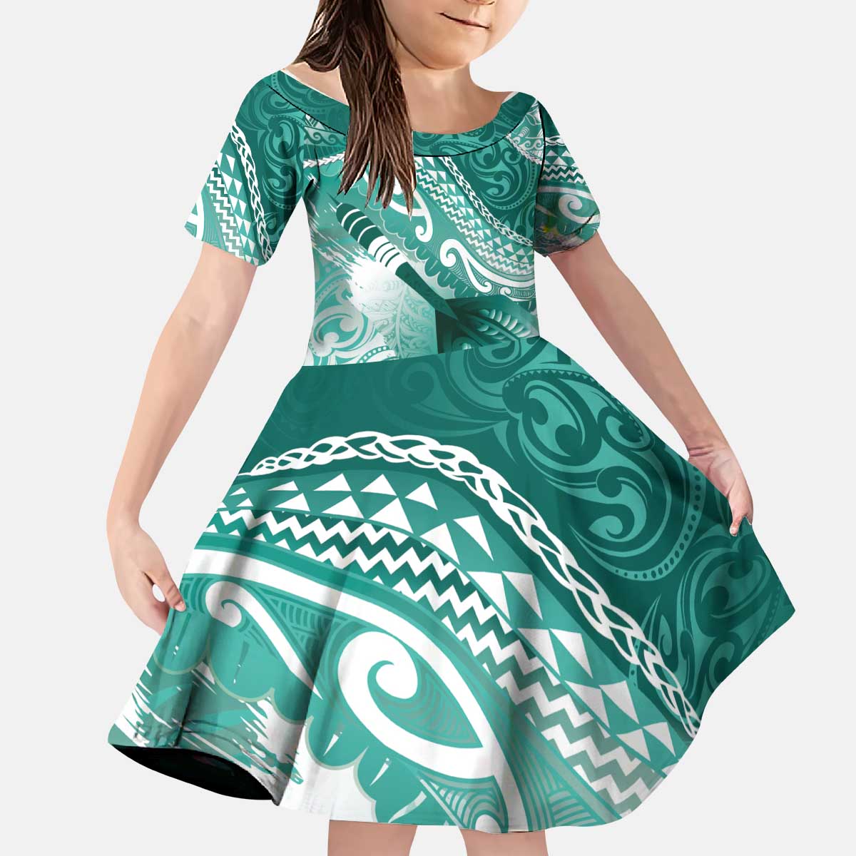 Personalised New Zealand Aotearoa Darts Masters Kid Short Sleeve Dress Maori Art Tattoo with Tribal Dart Symbol Teal Color - Polynesian Pride