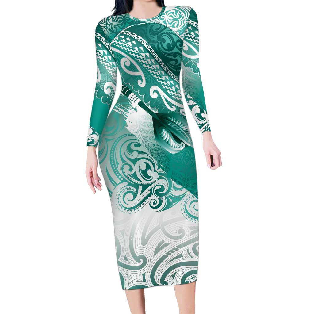 Personalised New Zealand Aotearoa Darts Masters Long Sleeve Bodycon Dress Maori Art Tattoo with Tribal Dart Symbol Teal Color LT03 Long Dress Teal - Polynesian Pride