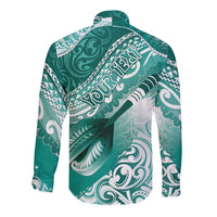 Personalised New Zealand Aotearoa Darts Masters Long Sleeve Button Shirt Maori Art Tattoo with Tribal Dart Symbol Teal Color LT03 - Polynesian Pride