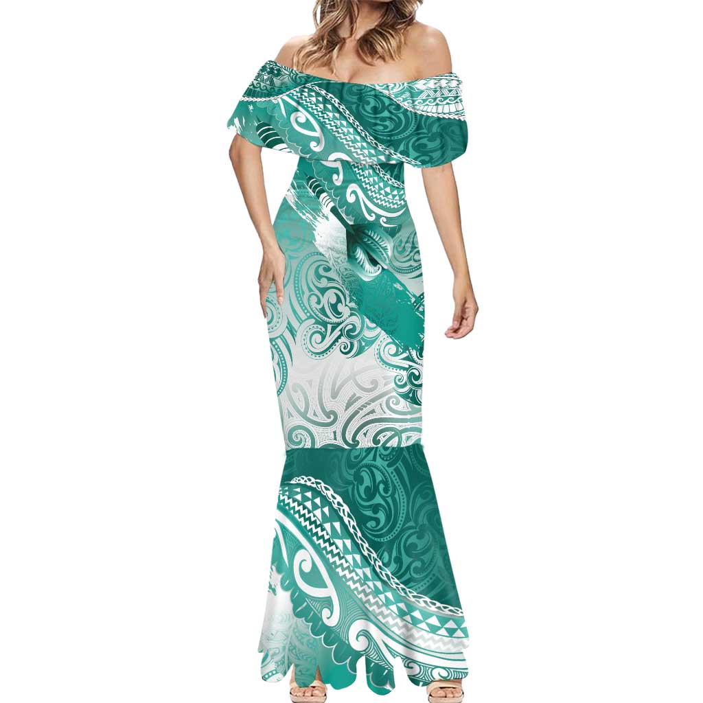Personalised New Zealand Aotearoa Darts Masters Mermaid Dress Maori Art Tattoo with Tribal Dart Symbol Teal Color LT03 - Polynesian Pride