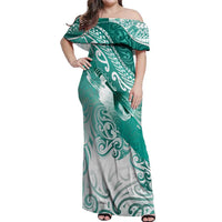 Personalised New Zealand Aotearoa Darts Masters Off Shoulder Maxi Dress Maori Art Tattoo with Tribal Dart Symbol Teal Color LT03 Women Teal - Polynesian Pride