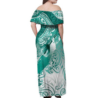 Personalised New Zealand Aotearoa Darts Masters Off Shoulder Maxi Dress Maori Art Tattoo with Tribal Dart Symbol Teal Color LT03 - Polynesian Pride
