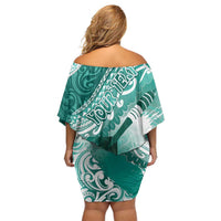 Personalised New Zealand Aotearoa Darts Masters Off Shoulder Short Dress Maori Art Tattoo with Tribal Dart Symbol Teal Color LT03 - Polynesian Pride