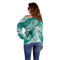 Personalised New Zealand Aotearoa Darts Masters Off Shoulder Sweater Maori Art Tattoo with Tribal Dart Symbol Teal Color LT03 - Polynesian Pride