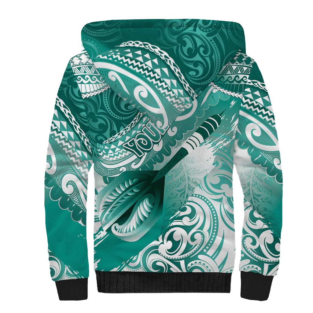 Personalised New Zealand Aotearoa Darts Masters Sherpa Hoodie Maori Art Tattoo with Tribal Dart Symbol Teal Color LT03 - Polynesian Pride