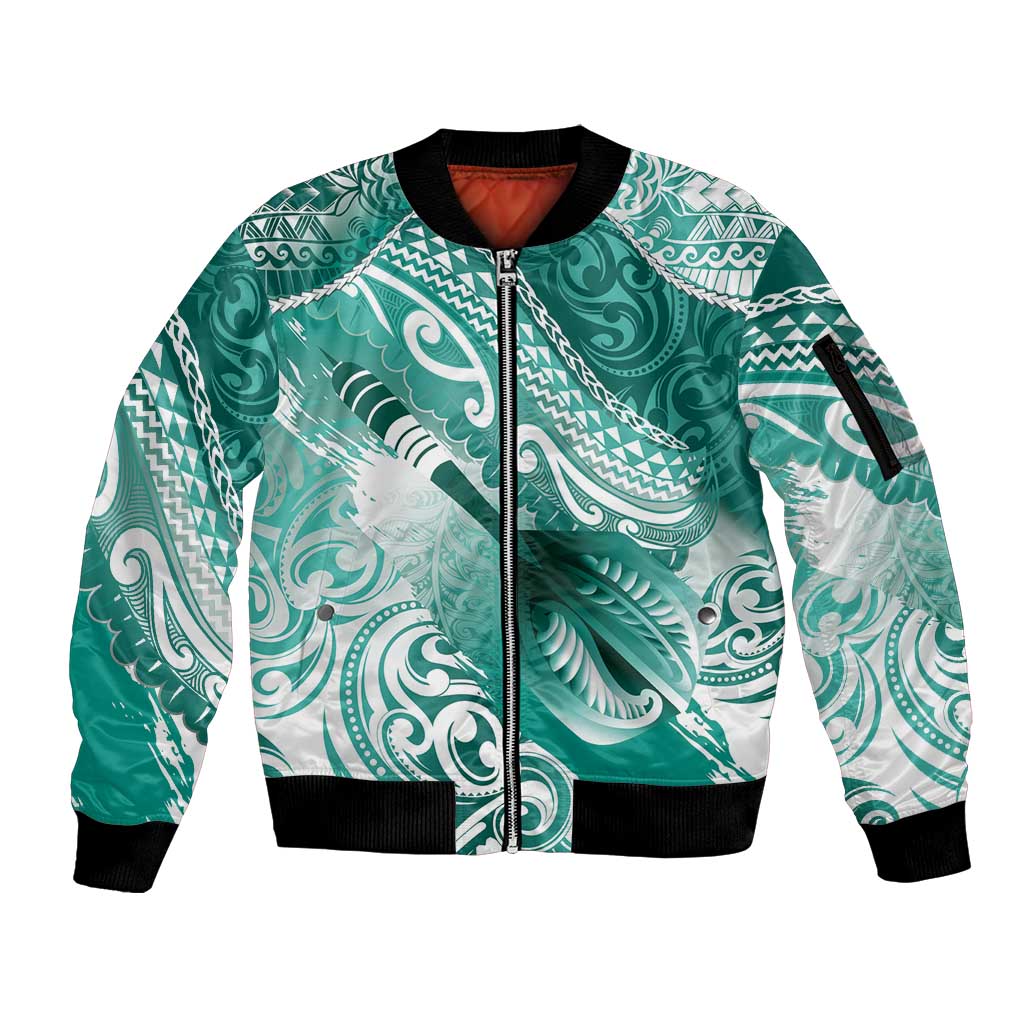 Personalised New Zealand Aotearoa Darts Masters Sleeve Zip Bomber Jacket Maori Art Tattoo with Tribal Dart Symbol Teal Color LT03 Unisex Teal - Polynesian Pride