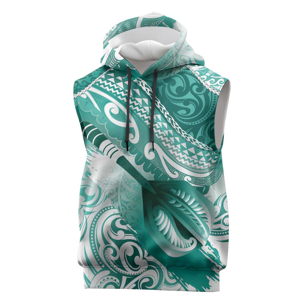 Personalised New Zealand Aotearoa Darts Masters Sleeveless Hoodie Maori Art Tattoo with Tribal Dart Symbol Teal Color - Polynesian Pride