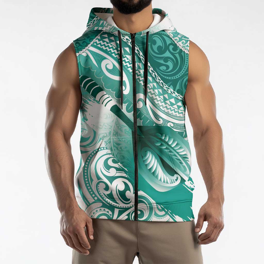 Personalised New Zealand Aotearoa Darts Masters Sleeveless Zip Hoodie Maori Art Tattoo with Tribal Dart Symbol Teal Color LT03 - Polynesian Pride
