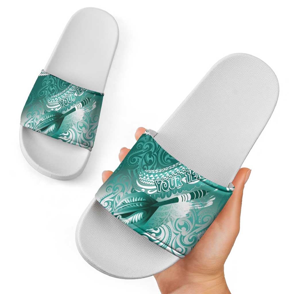 Personalised New Zealand Aotearoa Darts Masters Slide Sandals Maori Art Tattoo with Tribal Dart Symbol Teal Color LT03 - Polynesian Pride