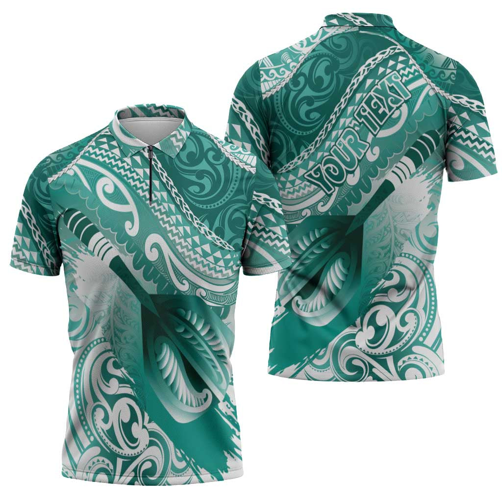 Personalised New Zealand Aotearoa Darts Masters Zipper Polo Shirt Maori Art Tattoo with Tribal Dart Symbol Teal Color LT03 - Polynesian Pride