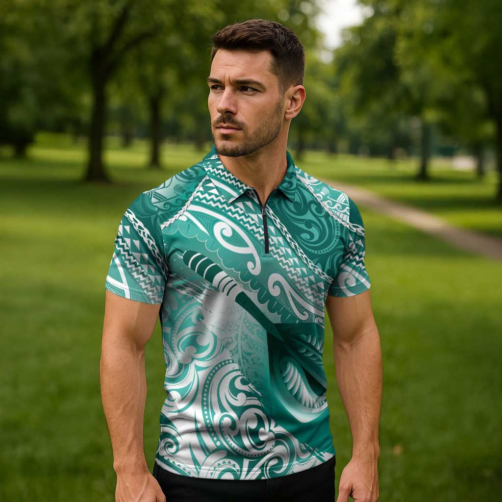Personalised New Zealand Aotearoa Darts Masters Zipper Polo Shirt Maori Art Tattoo with Tribal Dart Symbol Teal Color LT03 - Polynesian Pride