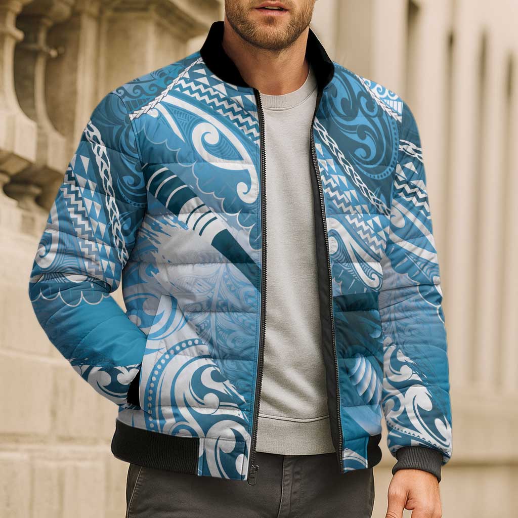Personalised New Zealand Aotearoa Darts Masters Bomber Puffer Jacket Maori Art Tattoo with Tribal Dart Symbol Blue LT03 - Polynesian Pride