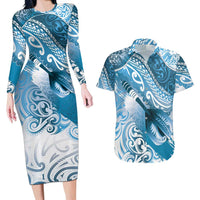 Personalised New Zealand Aotearoa Darts Masters Couples Matching Long Sleeve Bodycon Dress and Hawaiian Shirt Maori Art Tattoo with Tribal Dart Symbol Blue LT03 Blue - Polynesian Pride