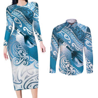 Personalised New Zealand Aotearoa Darts Masters Couples Matching Long Sleeve Bodycon Dress and Long Sleeve Button Shirt Maori Art Tattoo with Tribal Dart Symbol Blue LT03 Blue - Polynesian Pride