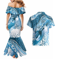 Personalised New Zealand Aotearoa Darts Masters Couples Matching Mermaid Dress and Hawaiian Shirt Maori Art Tattoo with Tribal Dart Symbol Blue LT03 - Polynesian Pride