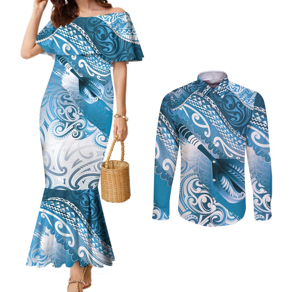 Personalised New Zealand Aotearoa Darts Masters Couples Matching Mermaid Dress and Long Sleeve Button Shirt Maori Art Tattoo with Tribal Dart Symbol Blue LT03 Blue - Polynesian Pride
