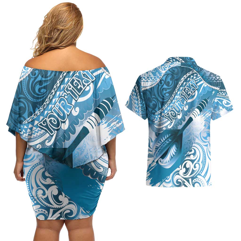 Personalised New Zealand Aotearoa Darts Masters Couples Matching Off Shoulder Short Dress and Hawaiian Shirt Maori Art Tattoo with Tribal Dart Symbol Blue LT03 - Polynesian Pride
