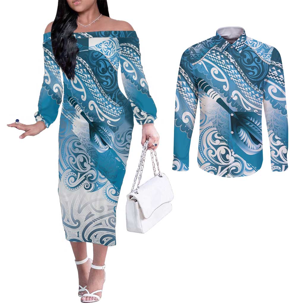 Personalised New Zealand Aotearoa Darts Masters Couples Matching Off The Shoulder Long Sleeve Dress and Long Sleeve Button Shirt Maori Art Tattoo with Tribal Dart Symbol Blue LT03 Blue - Polynesian Pride