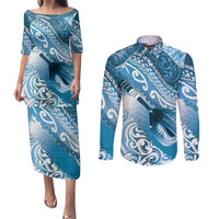 Personalised New Zealand Aotearoa Darts Masters Couples Matching Puletasi and Long Sleeve Button Shirt Maori Art Tattoo with Tribal Dart Symbol Blue LT03 Blue - Polynesian Pride