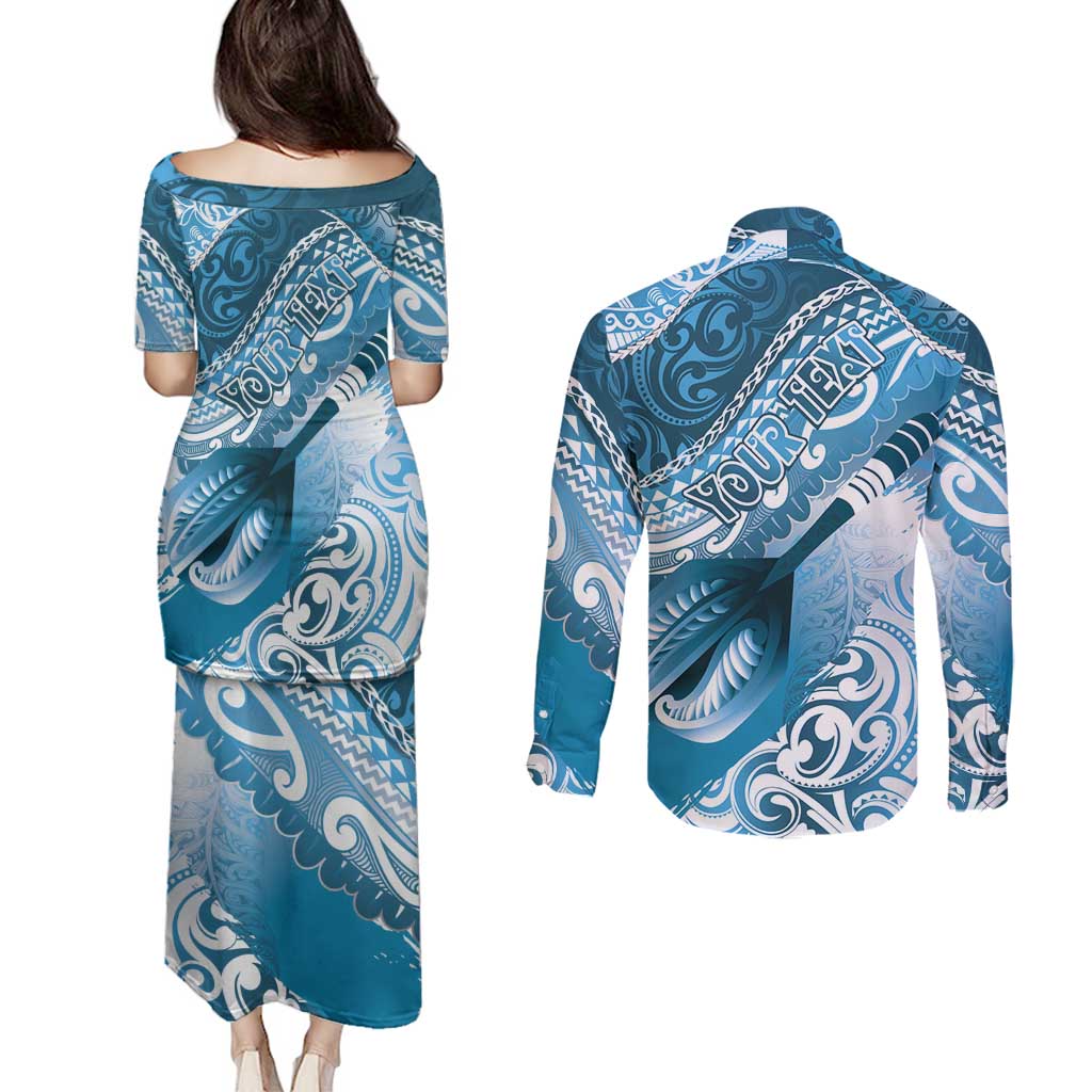 Personalised New Zealand Aotearoa Darts Masters Couples Matching Puletasi and Long Sleeve Button Shirt Maori Art Tattoo with Tribal Dart Symbol Blue LT03 - Polynesian Pride