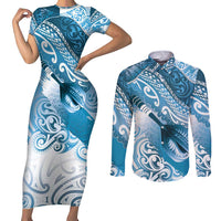 Personalised New Zealand Aotearoa Darts Masters Couples Matching Short Sleeve Bodycon Dress and Long Sleeve Button Shirt Maori Art Tattoo with Tribal Dart Symbol Blue LT03 Blue - Polynesian Pride