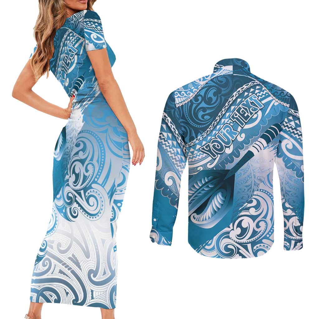 Personalised New Zealand Aotearoa Darts Masters Couples Matching Short Sleeve Bodycon Dress and Long Sleeve Button Shirt Maori Art Tattoo with Tribal Dart Symbol Blue LT03 - Polynesian Pride