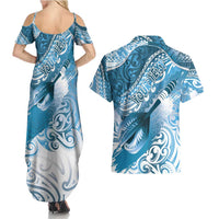 Personalised New Zealand Aotearoa Darts Masters Couples Matching Summer Maxi Dress and Hawaiian Shirt Maori Art Tattoo with Tribal Dart Symbol Blue LT03 - Polynesian Pride