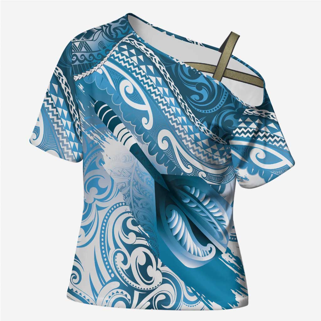 Personalised New Zealand Aotearoa Darts Masters Cross Shoulder Shirt Maori Art Tattoo with Tribal Dart Symbol Blue - Polynesian Pride