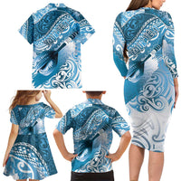 Personalised New Zealand Aotearoa Darts Masters Family Matching Long Sleeve Bodycon Dress and Hawaiian Shirt Maori Art Tattoo with Tribal Dart Symbol Blue LT03 - Polynesian Pride