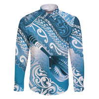Personalised New Zealand Aotearoa Darts Masters Family Matching Long Sleeve Bodycon Dress and Hawaiian Shirt Maori Art Tattoo with Tribal Dart Symbol Blue LT03 Dad's Shirt - Long Sleeve Blue - Polynesian Pride