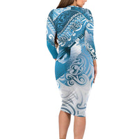 Personalised New Zealand Aotearoa Darts Masters Family Matching Long Sleeve Bodycon Dress and Hawaiian Shirt Maori Art Tattoo with Tribal Dart Symbol Blue LT03 - Polynesian Pride