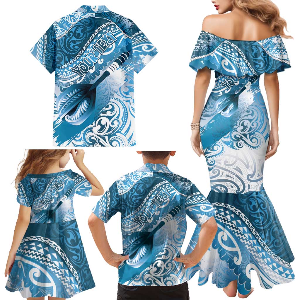 Personalised New Zealand Aotearoa Darts Masters Family Matching Mermaid Dress and Hawaiian Shirt Maori Art Tattoo with Tribal Dart Symbol Blue LT03 - Polynesian Pride