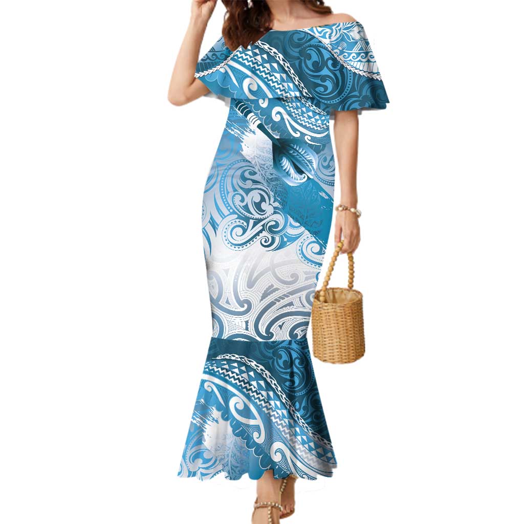 Personalised New Zealand Aotearoa Darts Masters Family Matching Mermaid Dress and Hawaiian Shirt Maori Art Tattoo with Tribal Dart Symbol Blue LT03 Mom's Dress Blue - Polynesian Pride