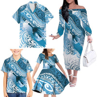 Personalised New Zealand Aotearoa Darts Masters Family Matching Off The Shoulder Long Sleeve Dress and Hawaiian Shirt Maori Art Tattoo with Tribal Dart Symbol Blue LT03 - Polynesian Pride