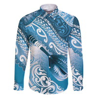 Personalised New Zealand Aotearoa Darts Masters Family Matching Off The Shoulder Long Sleeve Dress and Hawaiian Shirt Maori Art Tattoo with Tribal Dart Symbol Blue LT03 Dad's Shirt - Long Sleeve Blue - Polynesian Pride