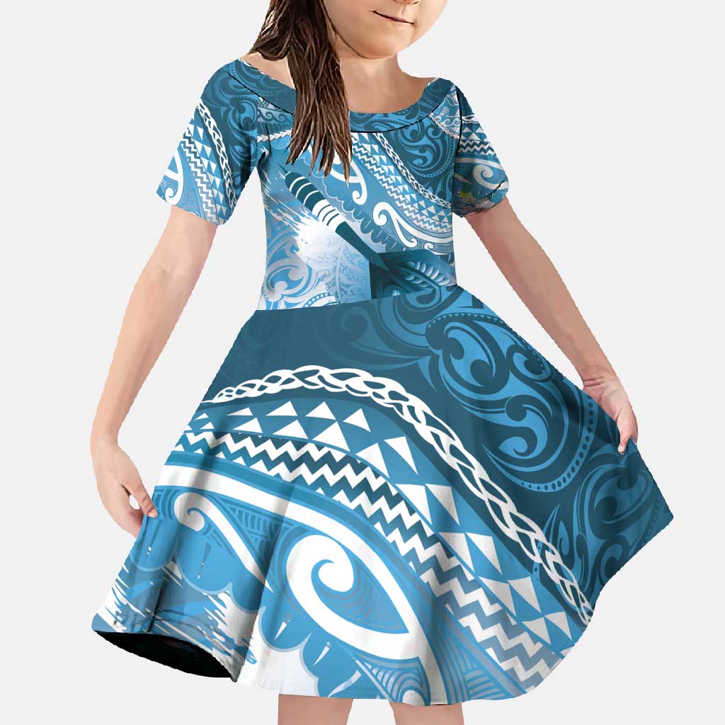 Personalised New Zealand Aotearoa Darts Masters Family Matching Off Shoulder Maxi Dress and Hawaiian Shirt Maori Art Tattoo with Tribal Dart Symbol Blue LT03 Daughter's Dress Blue - Polynesian Pride