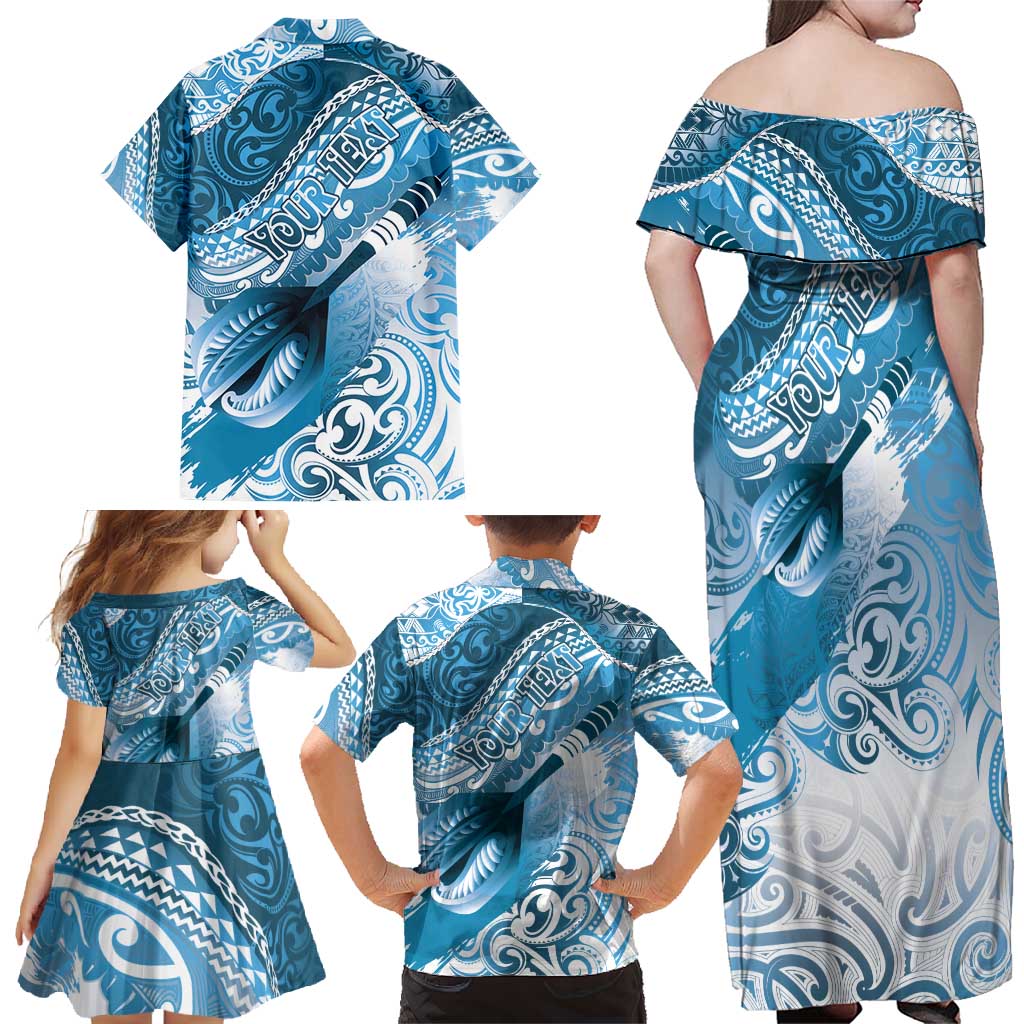 Personalised New Zealand Aotearoa Darts Masters Family Matching Off Shoulder Maxi Dress and Hawaiian Shirt Maori Art Tattoo with Tribal Dart Symbol Blue LT03 - Polynesian Pride