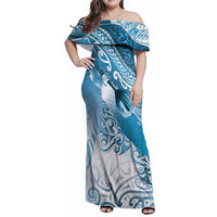 Personalised New Zealand Aotearoa Darts Masters Family Matching Off Shoulder Maxi Dress and Hawaiian Shirt Maori Art Tattoo with Tribal Dart Symbol Blue LT03 Mom's Dress Blue - Polynesian Pride