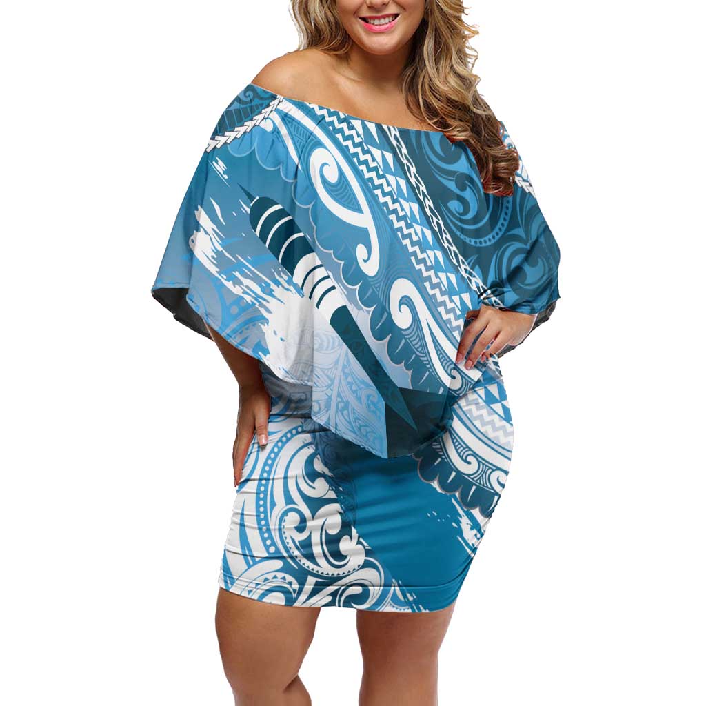Personalised New Zealand Aotearoa Darts Masters Family Matching Off Shoulder Short Dress and Hawaiian Shirt Maori Art Tattoo with Tribal Dart Symbol Blue LT03 Mom's Dress Blue - Polynesian Pride