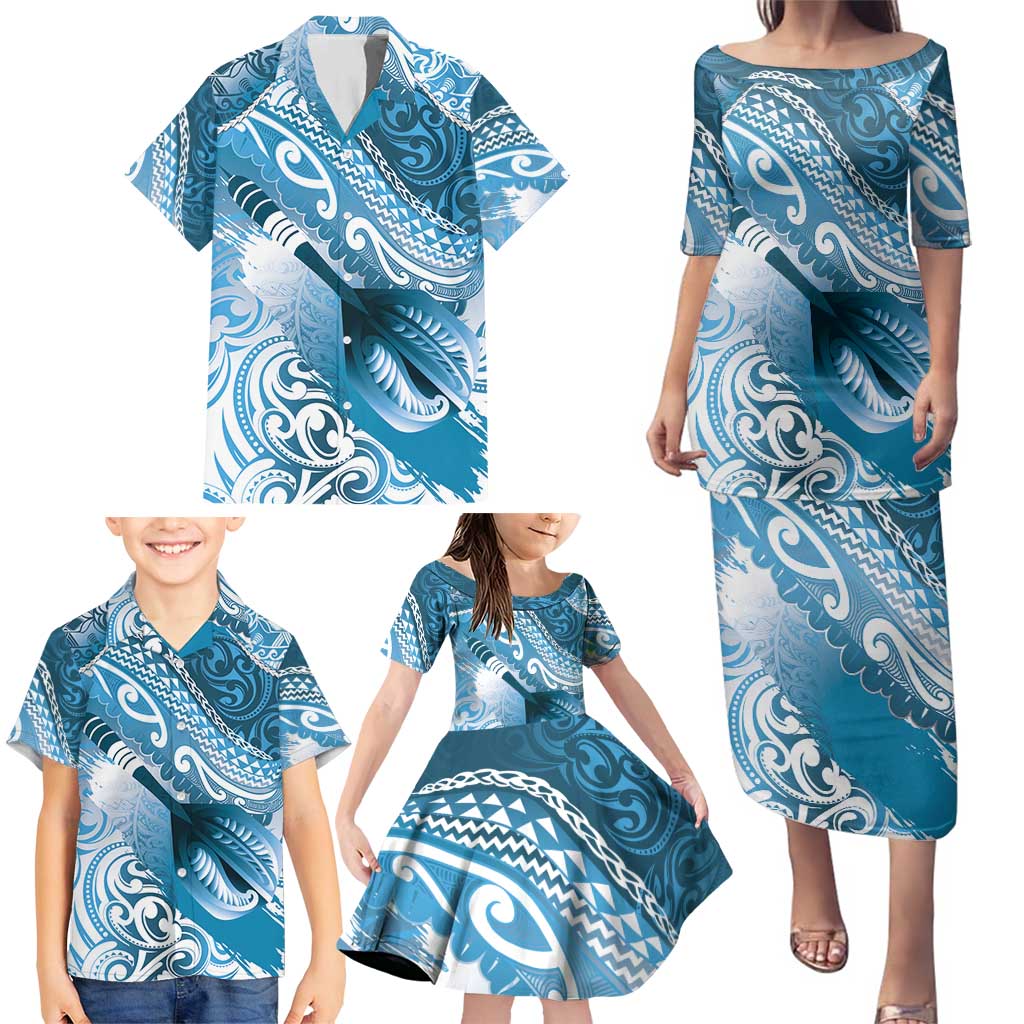 Personalised New Zealand Aotearoa Darts Masters Family Matching Puletasi and Hawaiian Shirt Maori Art Tattoo with Tribal Dart Symbol Blue LT03 - Polynesian Pride