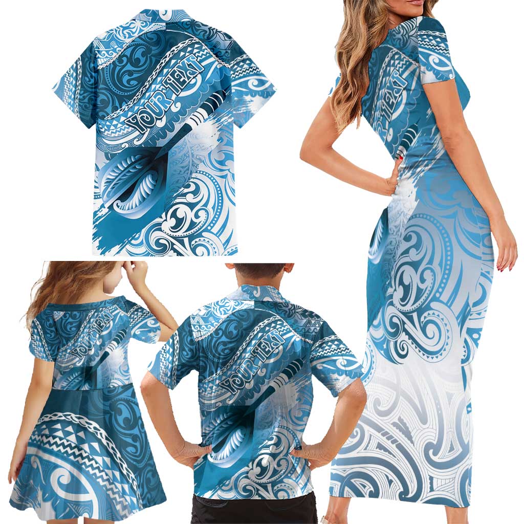 Personalised New Zealand Aotearoa Darts Masters Family Matching Short Sleeve Bodycon Dress and Hawaiian Shirt Maori Art Tattoo with Tribal Dart Symbol Blue LT03 - Polynesian Pride