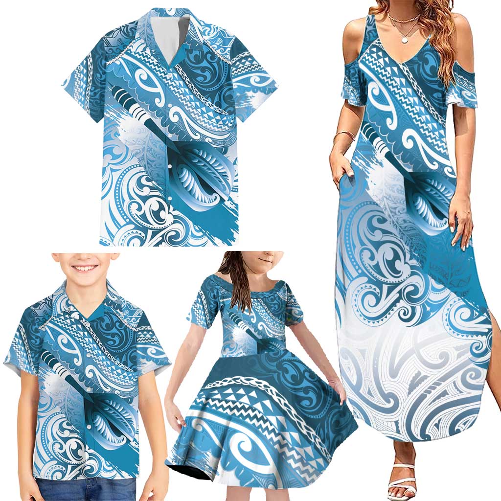 Personalised New Zealand Aotearoa Darts Masters Family Matching Summer Maxi Dress and Hawaiian Shirt Maori Art Tattoo with Tribal Dart Symbol Blue LT03 - Polynesian Pride
