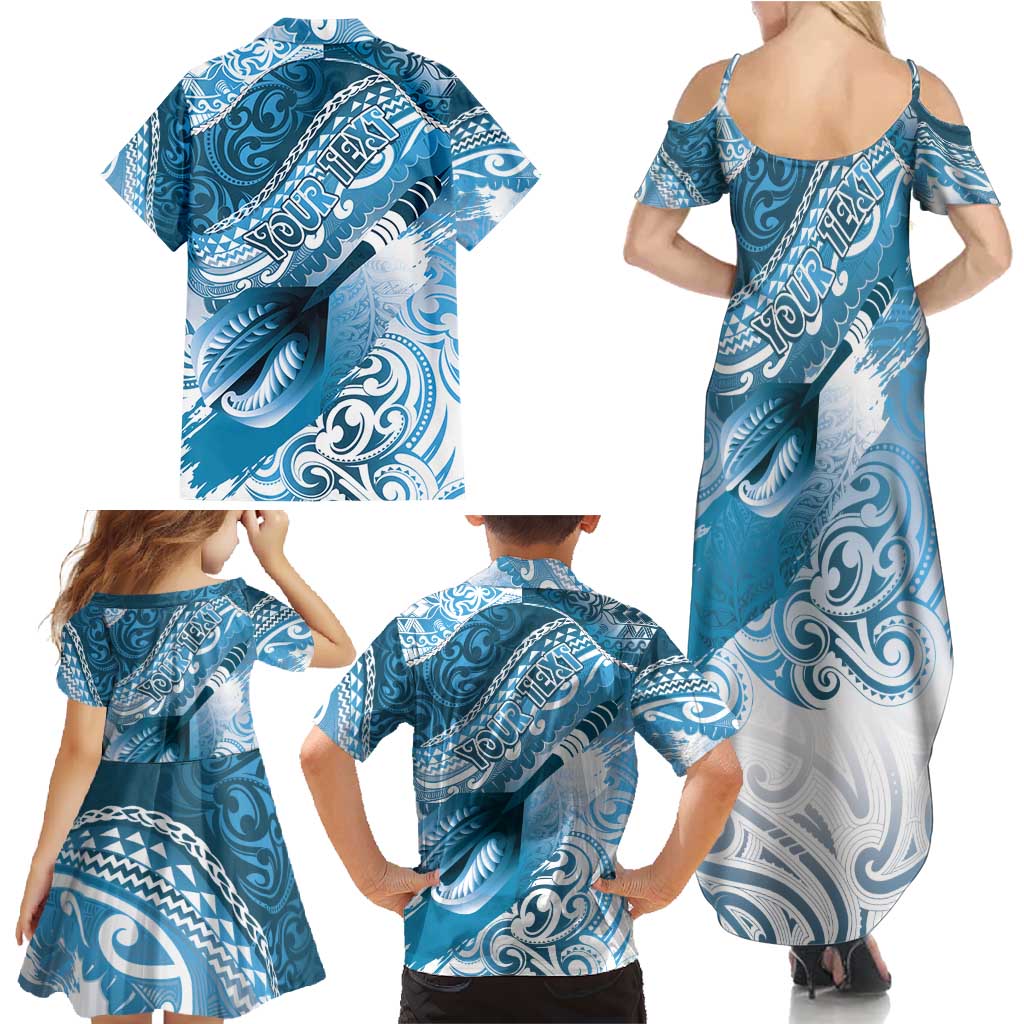 Personalised New Zealand Aotearoa Darts Masters Family Matching Summer Maxi Dress and Hawaiian Shirt Maori Art Tattoo with Tribal Dart Symbol Blue LT03 - Polynesian Pride