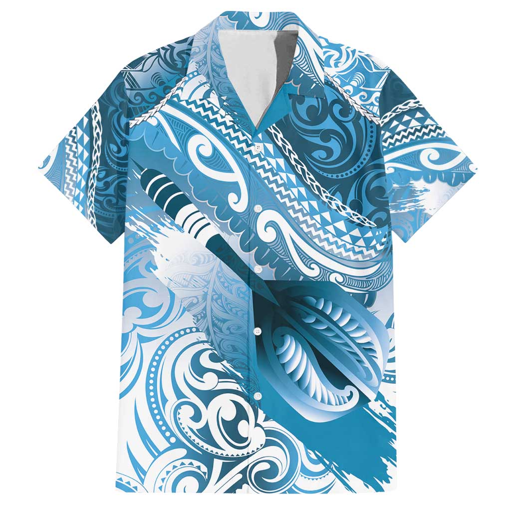 Personalised New Zealand Aotearoa Darts Masters Family Matching Summer Maxi Dress and Hawaiian Shirt Maori Art Tattoo with Tribal Dart Symbol Blue LT03 Dad's Shirt - Short Sleeve Blue - Polynesian Pride