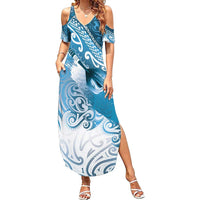 Personalised New Zealand Aotearoa Darts Masters Family Matching Summer Maxi Dress and Hawaiian Shirt Maori Art Tattoo with Tribal Dart Symbol Blue LT03 Mom's Dress Blue - Polynesian Pride