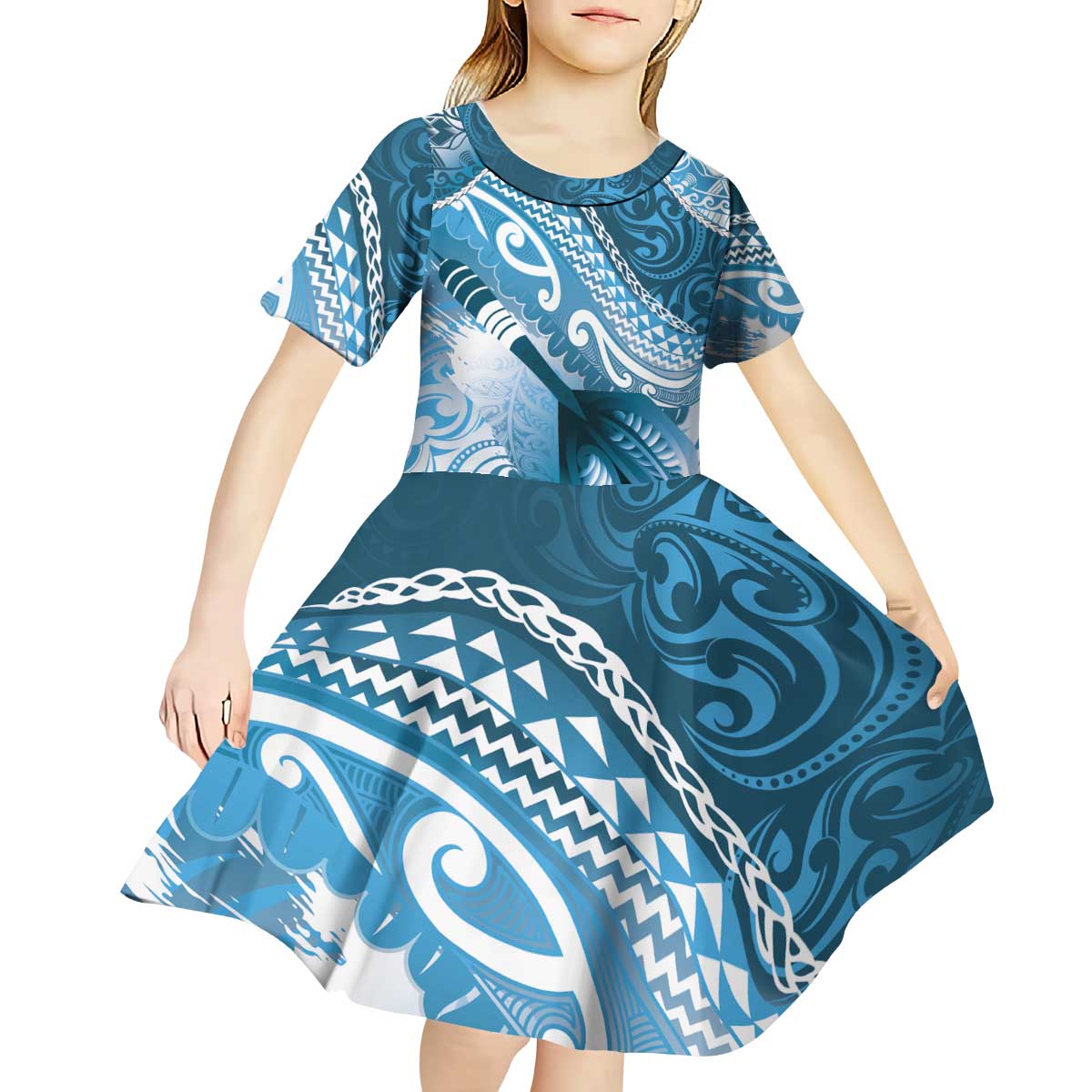 Personalised New Zealand Aotearoa Darts Masters Kid Short Sleeve Dress Maori Art Tattoo with Tribal Dart Symbol Blue LT03 - Polynesian Pride