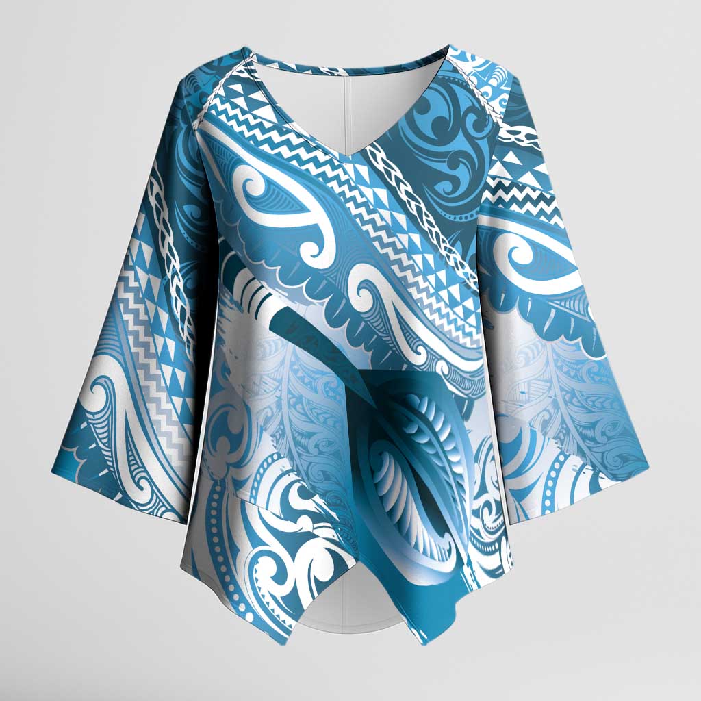 Personalised New Zealand Aotearoa Darts Masters Kimono Sleeve Blouse Maori Art Tattoo with Tribal Dart Symbol Blue - Polynesian Pride
