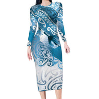 Personalised New Zealand Aotearoa Darts Masters Long Sleeve Bodycon Dress Maori Art Tattoo with Tribal Dart Symbol Blue LT03 Long Dress Blue - Polynesian Pride