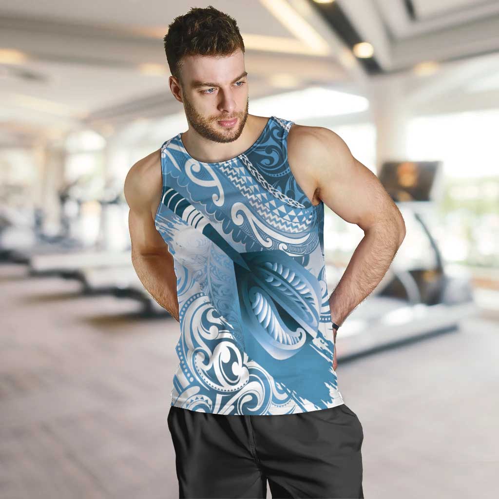 Personalised New Zealand Aotearoa Darts Masters Men Tank Top Maori Art Tattoo with Tribal Dart Symbol Blue - Polynesian Pride