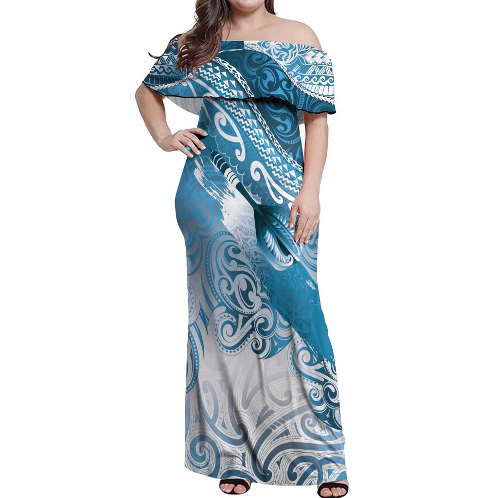 Personalised New Zealand Aotearoa Darts Masters Off Shoulder Maxi Dress Maori Art Tattoo with Tribal Dart Symbol Blue LT03 Women Blue - Polynesian Pride